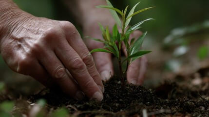 Fototapeta premium Human Hands Carefully Planting a New Seedling into Soil for a Greener Future Eco Conscious Effort