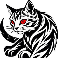 Red-eyed Black and White Cat in Cool Line Style Vector Illustration