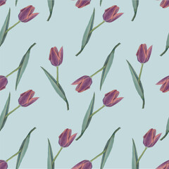Tulips on blue seamless pattern purple watercolor stock vector illustration for web, for print, for fabric print, for wallpaper. Pastel colours flowers nature botanical hand drawn

