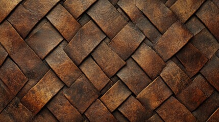 A seamless pattern of brown leather woven into an intricate herringbone design, with each square featuring the natural texture and wear marks