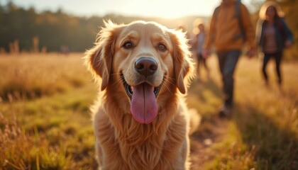 Obraz premium Golden retriever enjoys outdoor walk with family during vacation. Happy dog smiles, showing tongue, spends quality time with owner in nature. People hiking with dog enjoy summertime adventure.