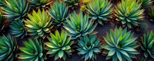 Agave plants seen from above, drone perspective, drone shot, farm, plantation