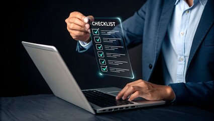 Businessman touching to tick correct mark in checklist to remind work task progressive for project develop management and tracking concept.