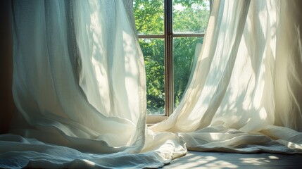 White Sheer Curtains Blowing Gently in Sunlight Filled Room