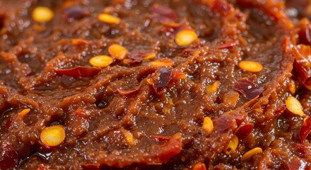 A close up shot showcasing a spicy chili paste with visible seeds and flakes texture