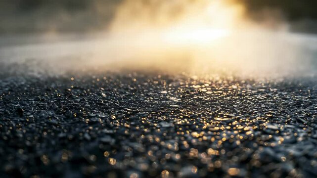 Close-up of hot asphalt with steam during road work.