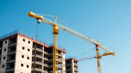 construction site and yellow crane on the background blue sky