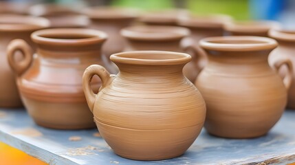 Handcrafted Clay Jugs Pottery Row Rustic Brown