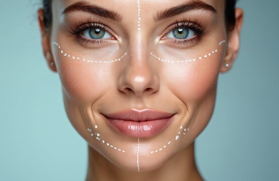 Close-up of beautiful woman face with threads and arrows illustrating non-surgical thread facelift procedure for skin rejuvenation. Facial contouring, plastic surgery and beauty concepts.