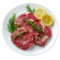 Fototapeta premium Raw steak presentation with rosemary and lemon slices, gourmet food isolated on transparent background