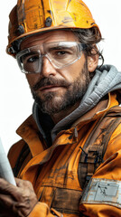 A determined construction worker, wearing protective gear, looks directly at the camera.