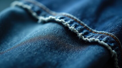 Close-up of Denim Jeans Texture with Raw Seam Detail