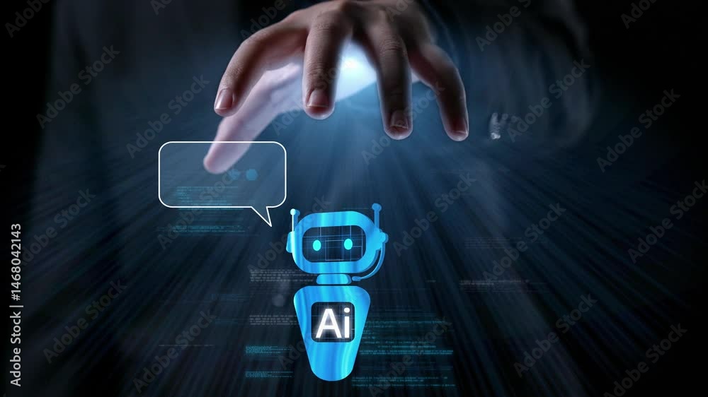 Poster human interact with ai artificial intelligence virtual assistant chatbot in concept of ai artificial
