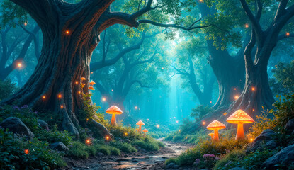 Enchanted Forest Path with Glowing Mushrooms and Misty Trees