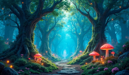 Enchanted Forest Path with Glowing Mushrooms and Misty Trees