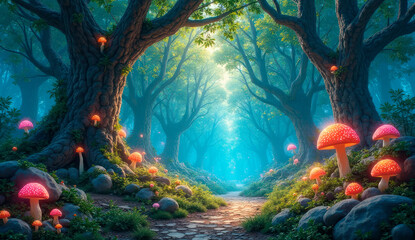 Enchanted Forest Path with Glowing Mushrooms and Misty Trees