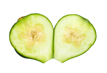Green fig cut in half on a white background