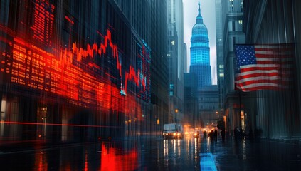 Rainy New York City street, financial district, falling stock market