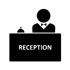 hotel receptionist behind front desk with bell, guest check-in, front office service, and customer assistance in hospitality environments.