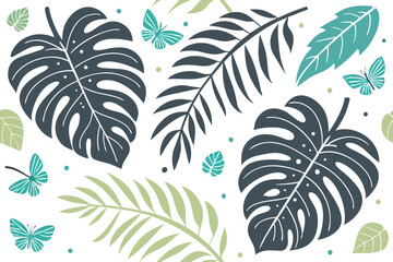 Minimalist Tropical Pattern with Monstera Leaves, Palm Fronds and Butterflies on White Background, Summer Illustration.