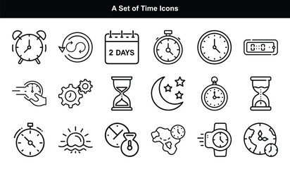 Time Management Icon Set Outline Style Featuring Clocks, Calendar, Hourglass in Transparent Background