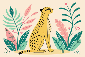 Stylized Cheetah Sitting Surrounded by Decorative Plants, Featuring a Cartoonish, Minimalist Style and Pale Background, Vector Illustration.