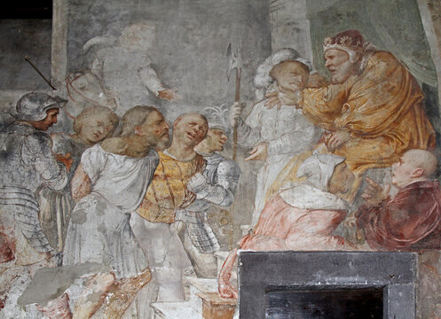 Daniele e i suoi compagni davanti a Nabucodonosor; particolare di affresco del Romanino nella chiesa di Sant'Antonio Abate a Breno (Val Camonica, Brescia)