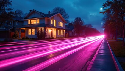 Modern smart home illuminated at night with fiber optic light trails on street. High-speed internet and digital connectivity concept. Wireless tech, digital communication.