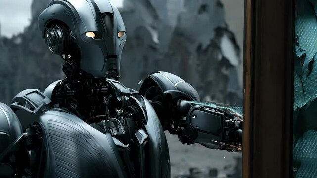 Futuristic robot inspecting shattered glass in a dystopian landscape  
