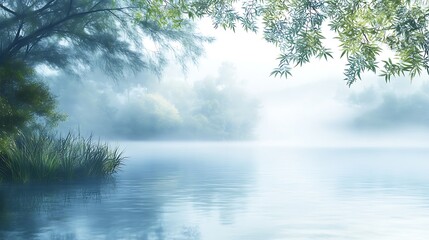 Misty lakeside scene
