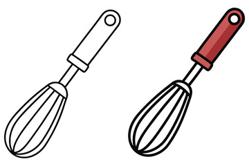 Two whisks, one with a red handle and one in black outline, stand side by side