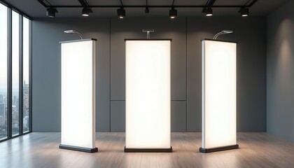 Empty information booth stand roll up board. Portable vertical pullup info banner mockup for ad, product presentation. Advertising, promo. Exhibition, trade show, conference, retail. Blank space for