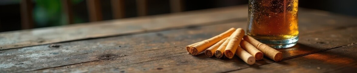 A bottle of beer and a pack of cigarettes rest on a worn wooden table , objects, pack