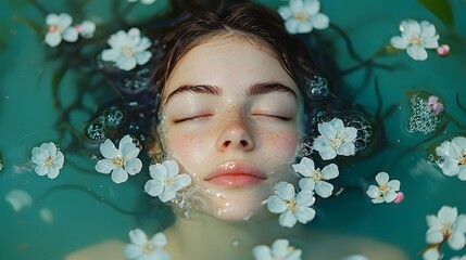 A dreamy portrait of a woman in water surrounded by floating flowers