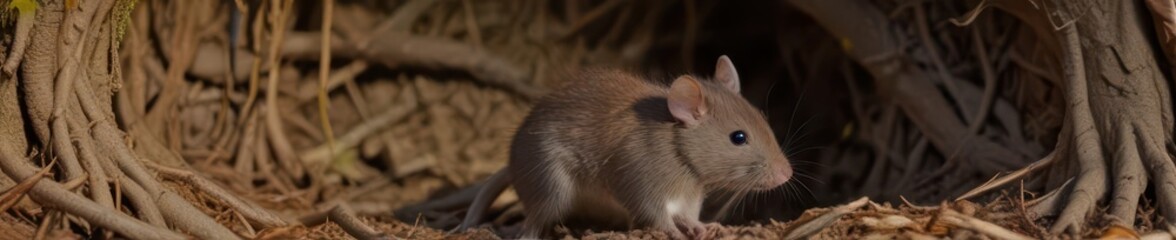 A brown rat emerges from a hole beneath tree roots , detail, wildlife