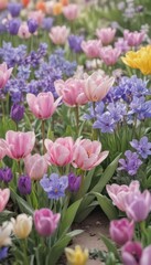 Obraz premium A pastel dream of tulips and violets, soft hues, and delicate blooms , whimsical, delicate