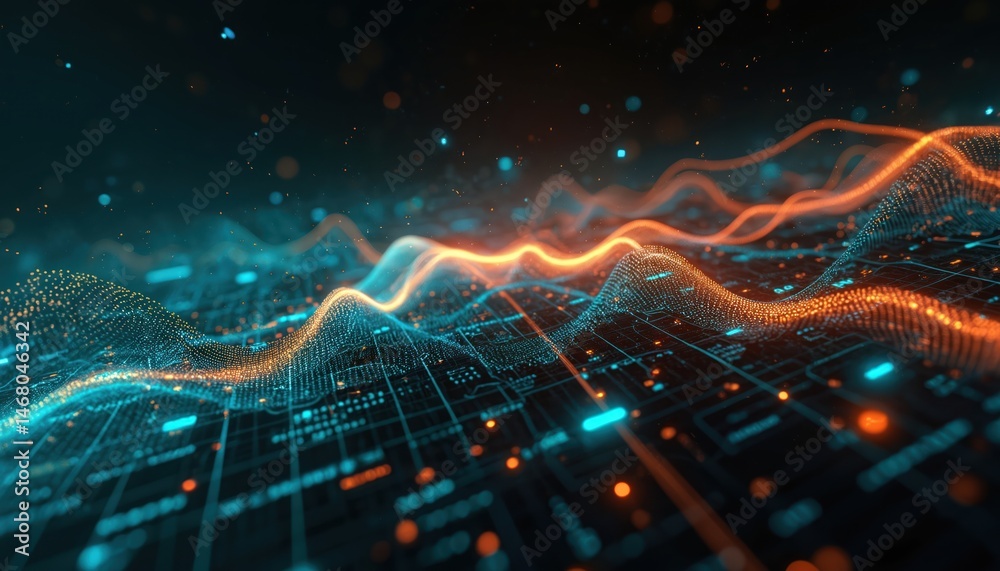 Aufkleber Digital illustration financial data processing with mathematical equations on black background. Orange, teal color tones. Abstract design concept for tech, science background. Data visualization.