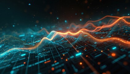 Digital illustration financial data processing with mathematical equations on black background. Orange, teal color tones. Abstract design concept for tech, science background. Data visualization.