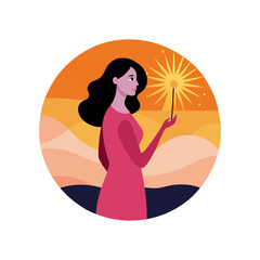 Woman Holding Sparkler at Sunset on Transparent Background