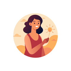 Woman Lighting a Sparkler at Sunset Smiling on Transparent Background