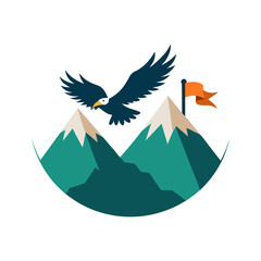 Eagle Flying Over Mountains with Flag on Transparent Background
