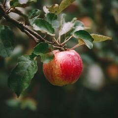 Lush red  hanging from a branch amongst green leaves.