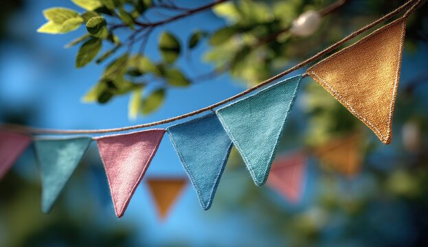 Pastel bunting hangs from a tree branch, adding a touch of whimsy to a sunny day.