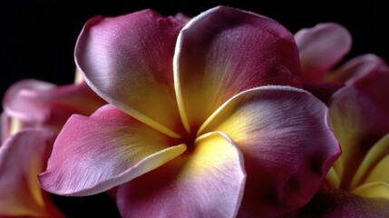 Delicate Pink and Yellow Plumeria Flower on Dark Background close up macro flower beauty petals