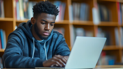 Young man working on laptop in library with bookshelves behind him in a focused and determined manner