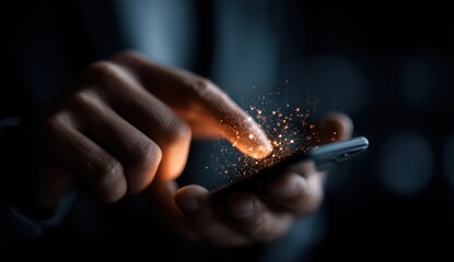 Person's fingertip touches a phone screen, glowing golden particles emanating from the point of contact.  A captivating image symbolizing digital innovation.