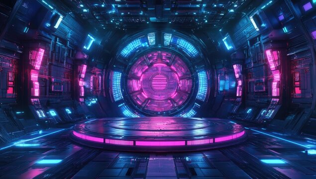 Futuristic interior with vibrant neon lights. A circular platform stage within a spaceship's corridor. Complex machinery and glowing circuits are visible