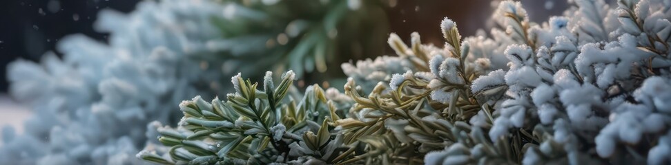 Obraz premium Intricate evergreen sprigs, frosty accents, miniature snowdrift, winter wonderland, christmas, evergreen