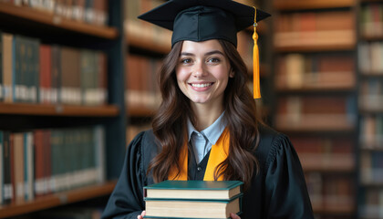 Happy graduate in cap gown smiles holding books in library. Young woman celebrates achievement education success. Student in academic dress ready future, college university graduation ceremony.