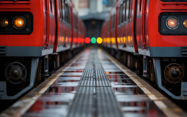 Red Train Engines on Rain-Soaked Railway Tracks at Nighttime